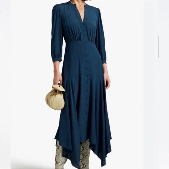 Veronica Beard Roksanda Petrol Blue Button-Front Silk-Blend Dress 2 NWT $650 - Picture 5 of 8